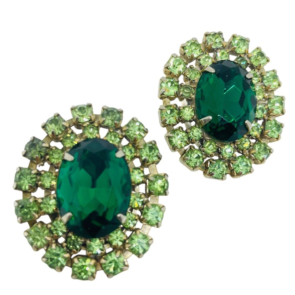 Vintage golden tone emerald green rhinestone designer clip on earrings